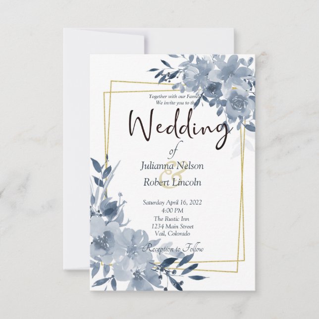 Invitación de boda con flores de acuarela azul y m (Anverso)