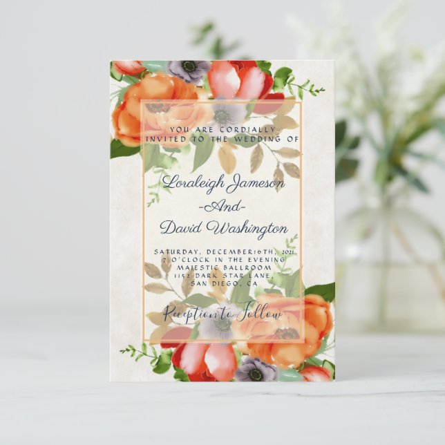 Invitación de boda con flores de acuarela económic (Anverso de pie)