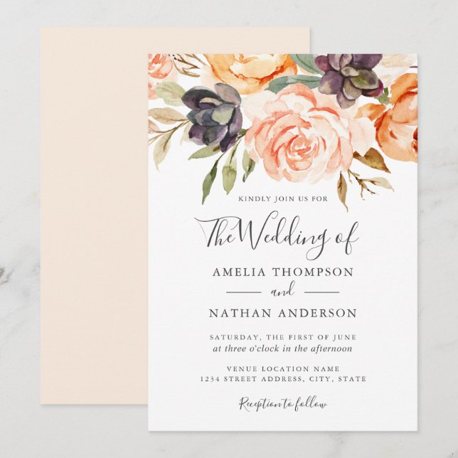 Invitación de boda con flores de acuarela melocotó (Anverso / Reverso)