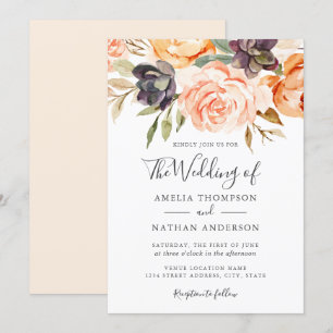 Invitación de boda con flores de acuarela melocotó