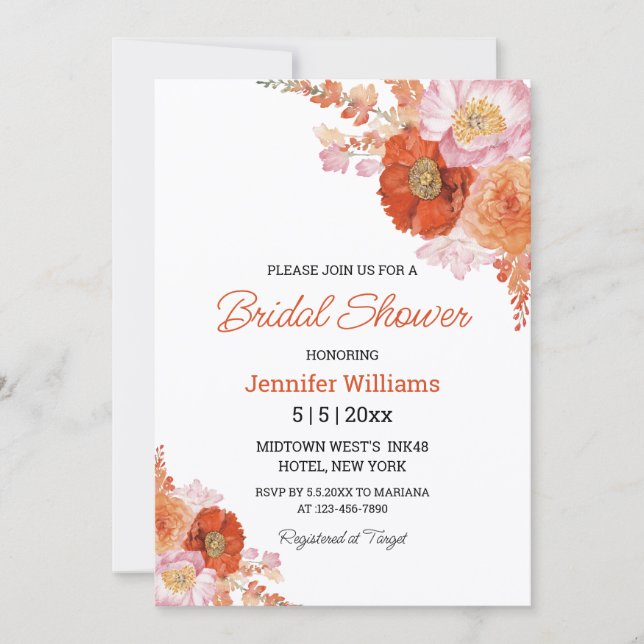 invitación de boda con flores de acuarela naranja (Anverso)