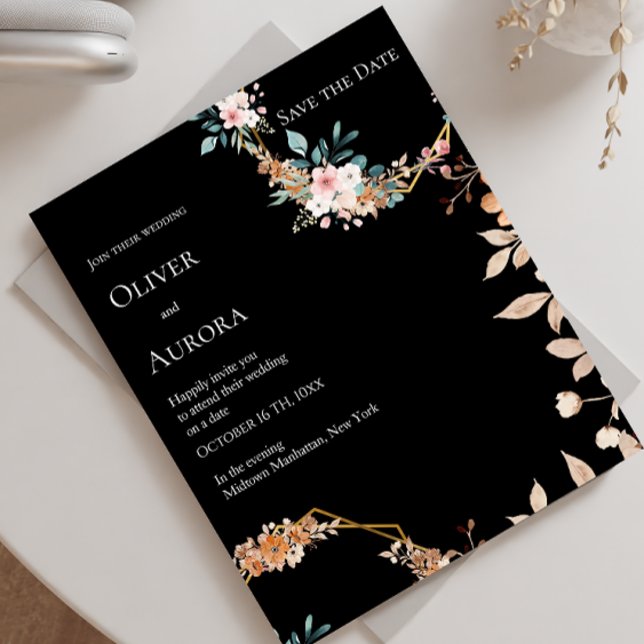 Invitación de boda con flores de acuarela oscura p (Subido por el creador)