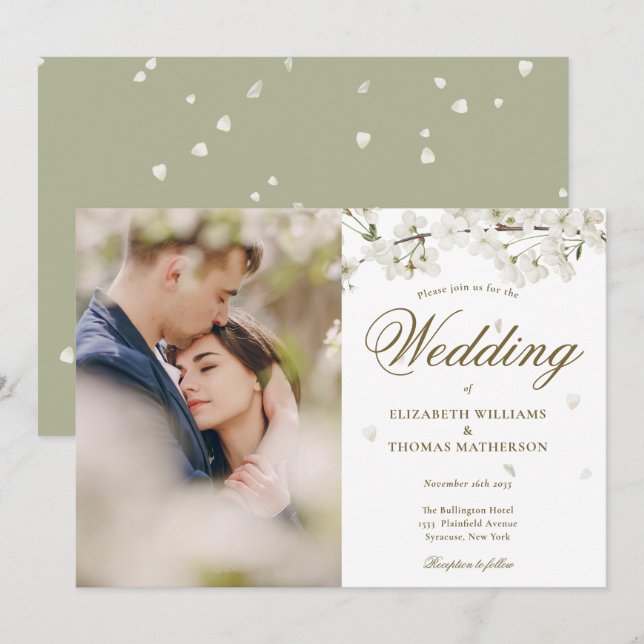 Invitación de boda con flores de Blossom Blancas y (Anverso / Reverso)