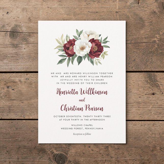 Invitación de boda con flores de Borgoña en letra  (Subido por el creador)