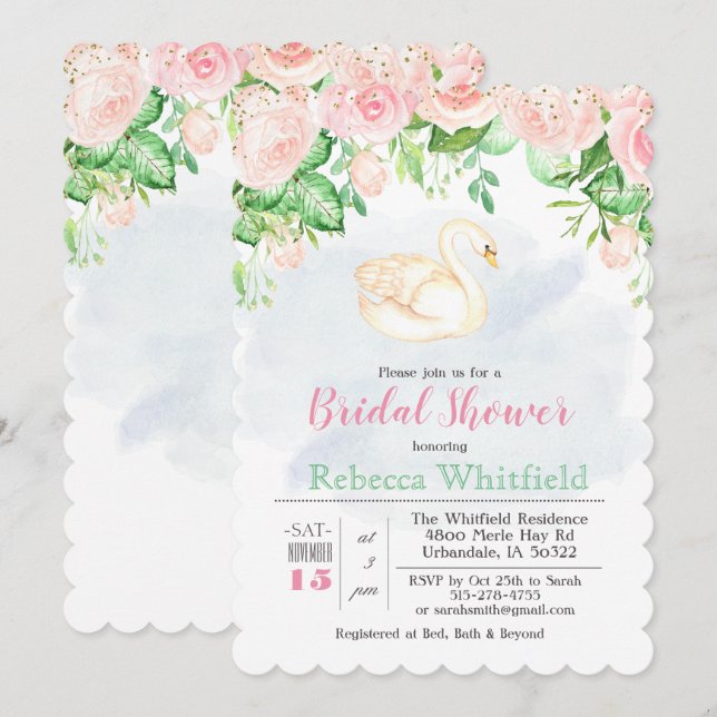 Invitación de boda con flores de cisne con brillo (Anverso / Reverso)