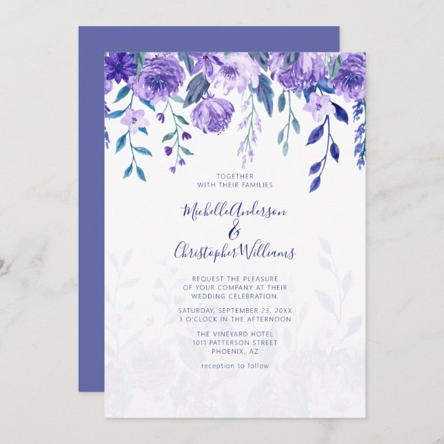 Invitación de Boda con Flores de Colores Purpúreos (Anverso / Reverso)