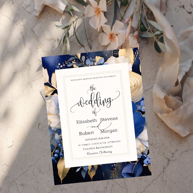 Invitación de Boda con Flores de Crema Azul Chic N (Subido por el creador)