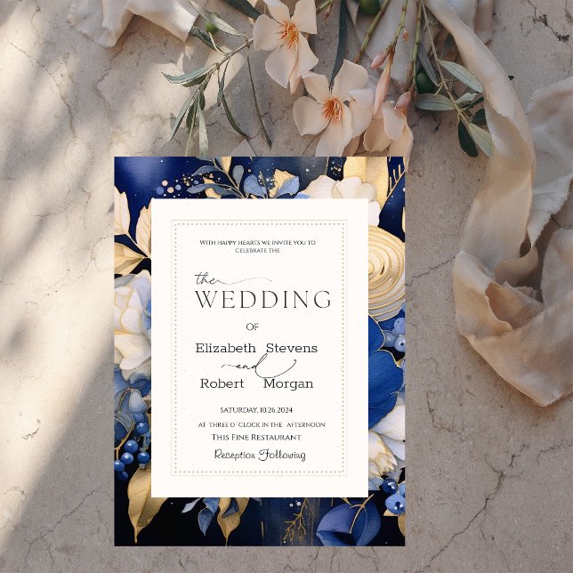 Invitación de Boda con Flores de Crema Azul Chic N (Subido por el creador)
