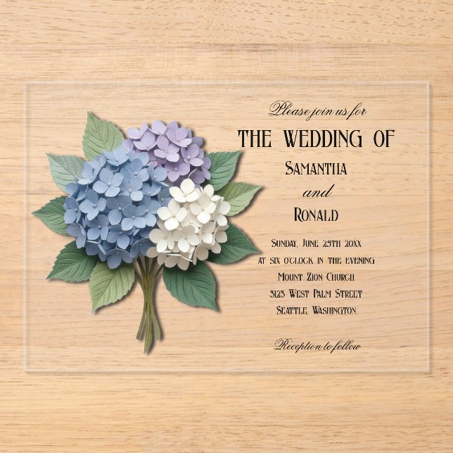 Invitación de boda con flores de hortensia acrílic (Anverso)