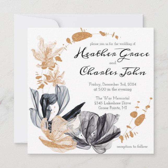 Invitación de boda con flores de humo negras y dor (Anverso)