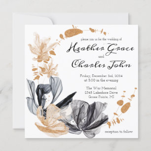 Invitación de boda con flores de humo negras y dor