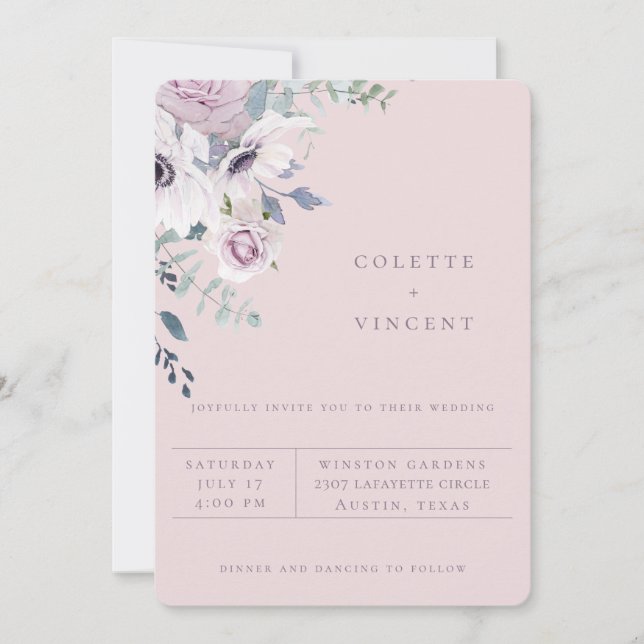 Invitación de boda con flores de jardín polvorient (Anverso)