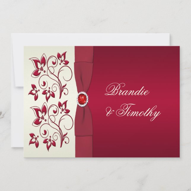 Invitación de Boda con flores de marfil, rojo RIBB (Anverso)