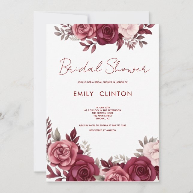 Invitación de boda con flores de marfil rosa de Bo (Anverso)