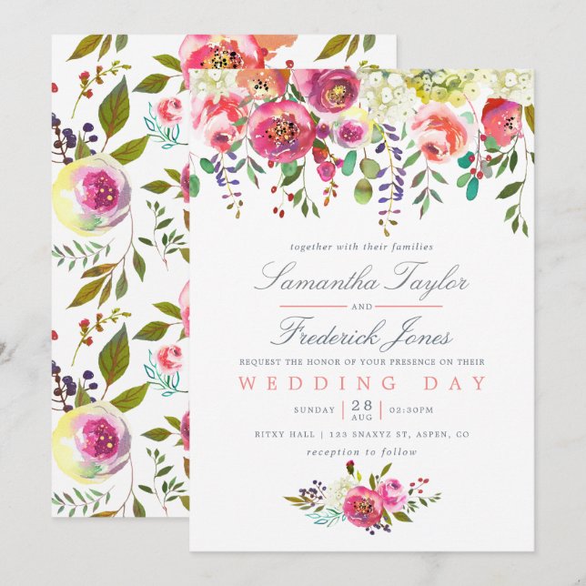Invitación de boda con flores de melocotón rosado (Anverso / Reverso)