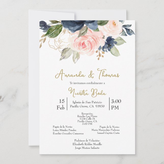 Invitación de boda con flores de primavera (Anverso)