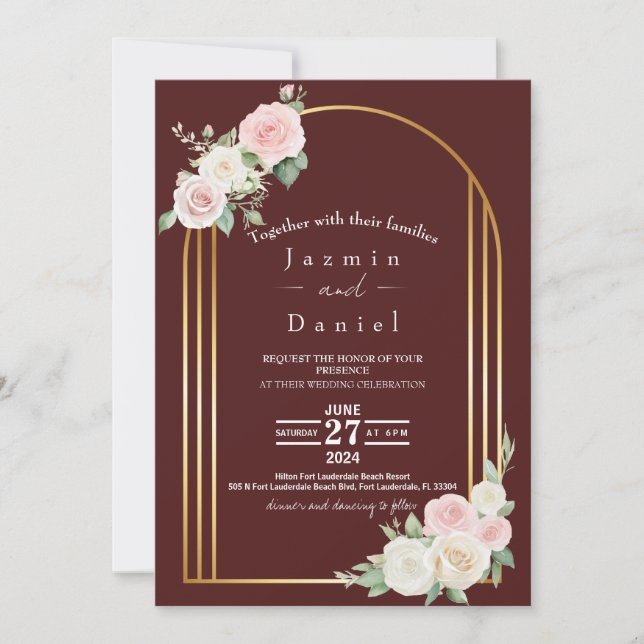 Invitación de Boda con Flores Desvaídas Rosadas y  (Anverso)
