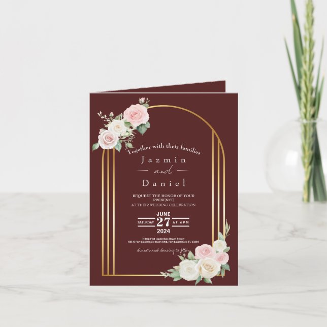 Invitación de Boda con Flores Desvaídas Rosadas y  (Anverso)