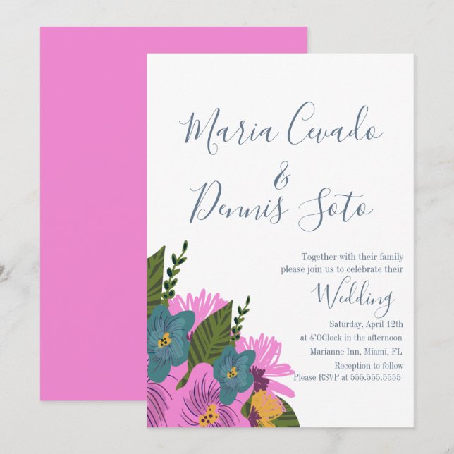 Invitación de boda con flores dibujadas a mano en  (Anverso / Reverso)