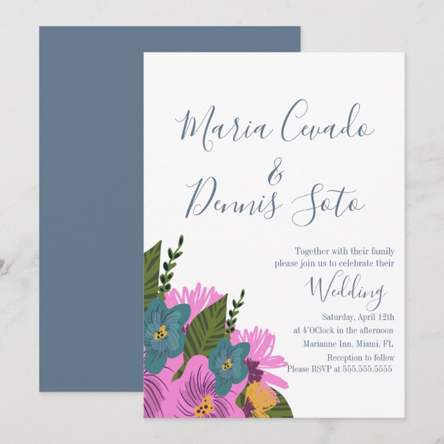 Invitación de boda con flores dibujadas a mano en  (Anverso / Reverso)
