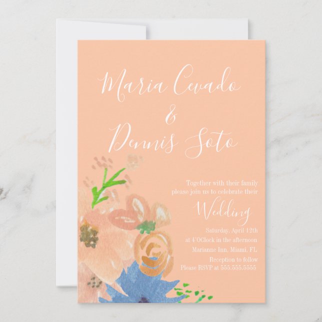 Invitación de boda con flores en guión florales de (Anverso)