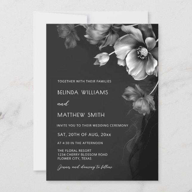 Invitación de boda con flores negras y plateadas (Anverso)
