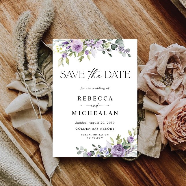 Invitación de boda con flores púrpura para guardar (Subido por el creador)