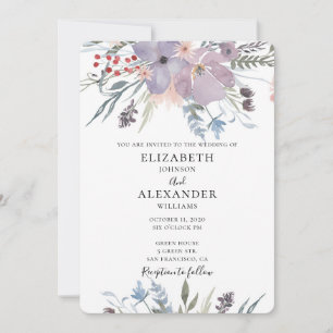 Invitación de boda con flores púrpuras. Invitación