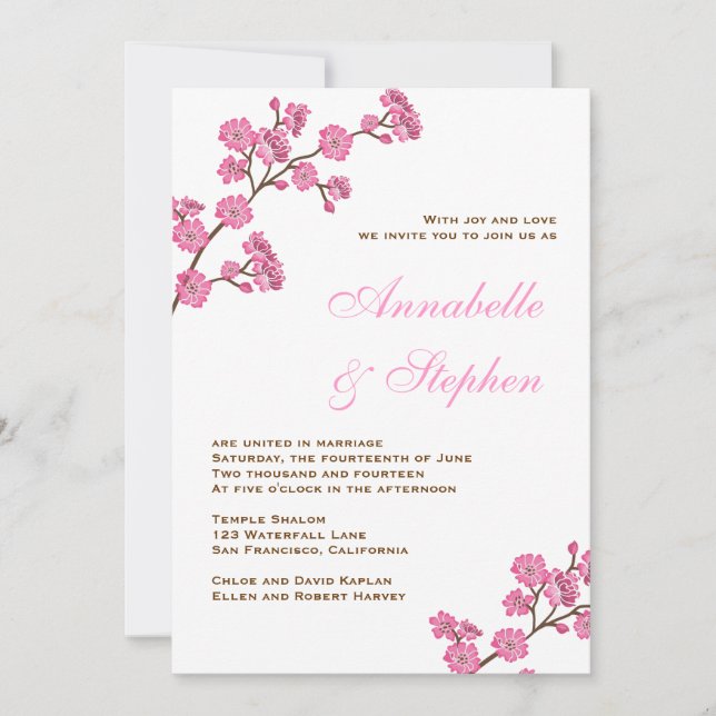 Invitación de boda con flores rosadas de chocolate (Anverso)