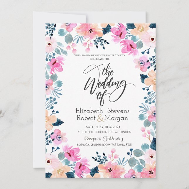 Invitación de Boda con Flores Rosadas de Jardín Ch (Anverso)