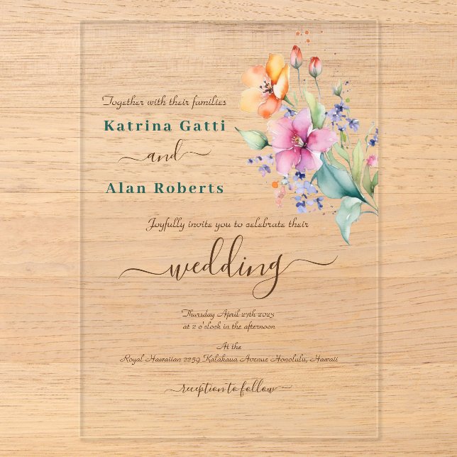 Invitación de boda con flores rosadas, durazno y a (Anverso)
