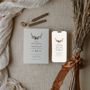 invitación de boda con flores rústicas y cuernos d