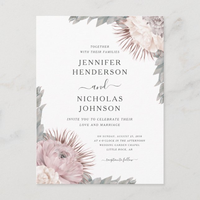 Invitación de boda con flores secas boho rosa polv (Anverso)