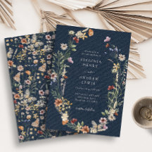 Invitación de boda con flores silvestres azul mari