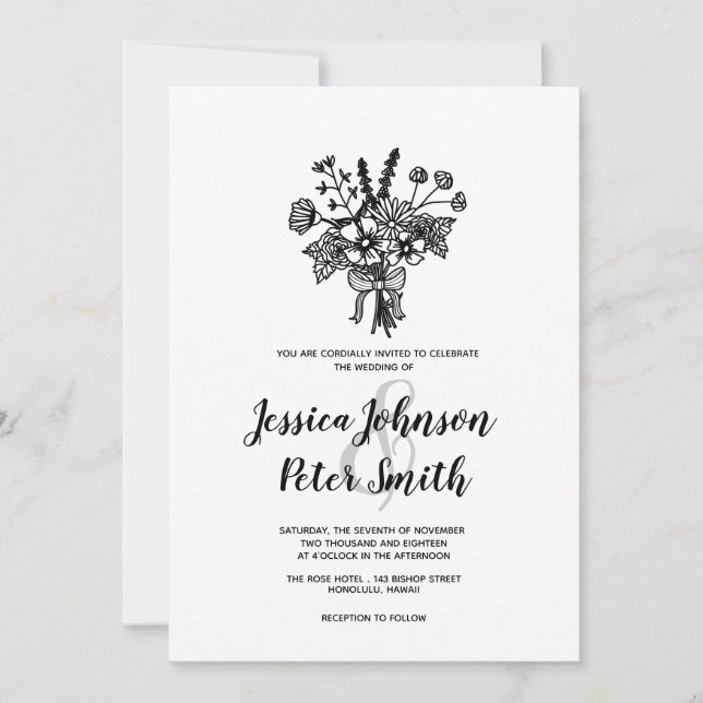 Invitación de boda con flores silvestres en blanco (Anverso)