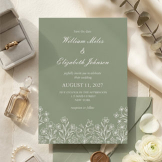 Invitación de boda con flores silvestres en verde 