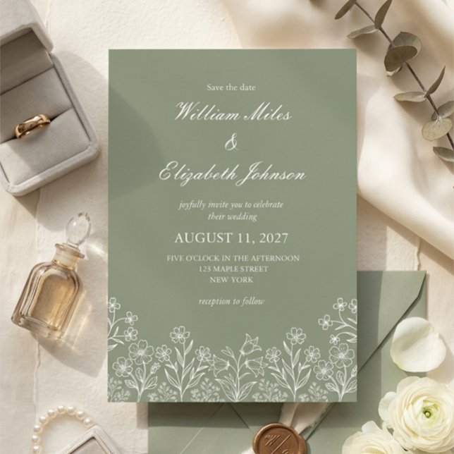 Invitación de boda con flores silvestres en verde  (Subido por el creador)