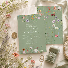 Invitación de boda con flores silvestres en verde