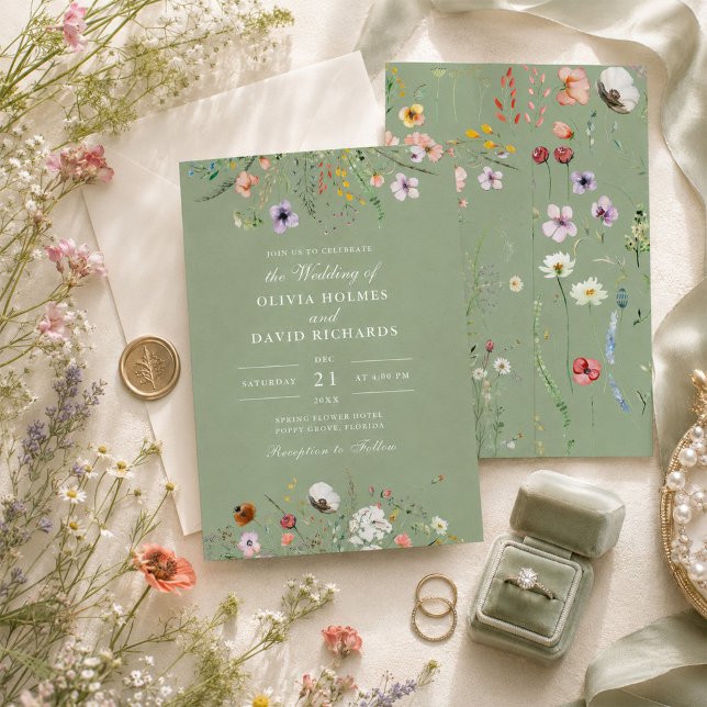 Invitación de boda con flores silvestres en verde  (Sage Green Wildflower Wedding Invitation)