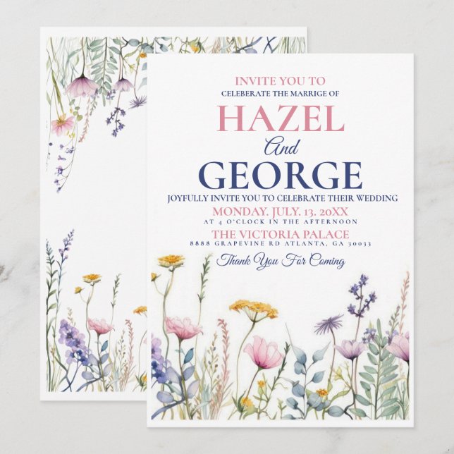 Invitación de boda con flores silvestres, flores a (Anverso / Reverso)
