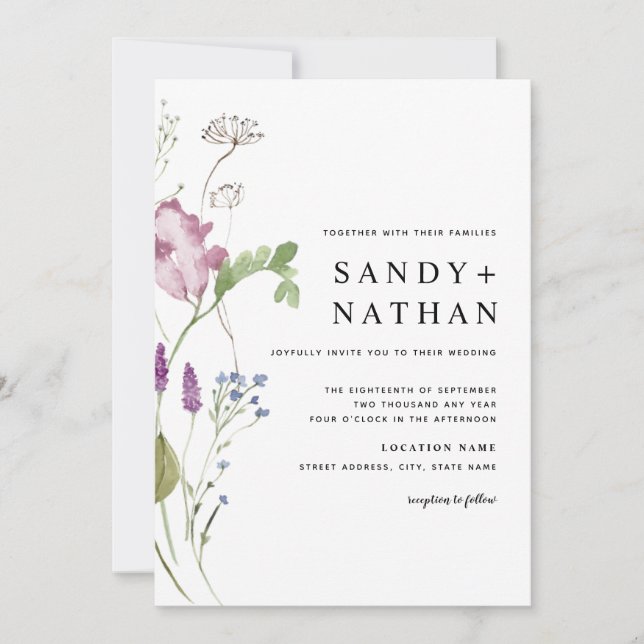 Invitación de boda con flores silvestres modernas (Anverso)