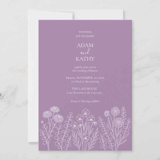 Invitación de boda con flores silvestres moradas a (Anverso)