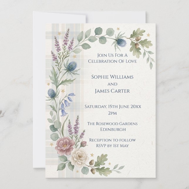 Invitación de boda con flores silvestres pastel (Anverso)