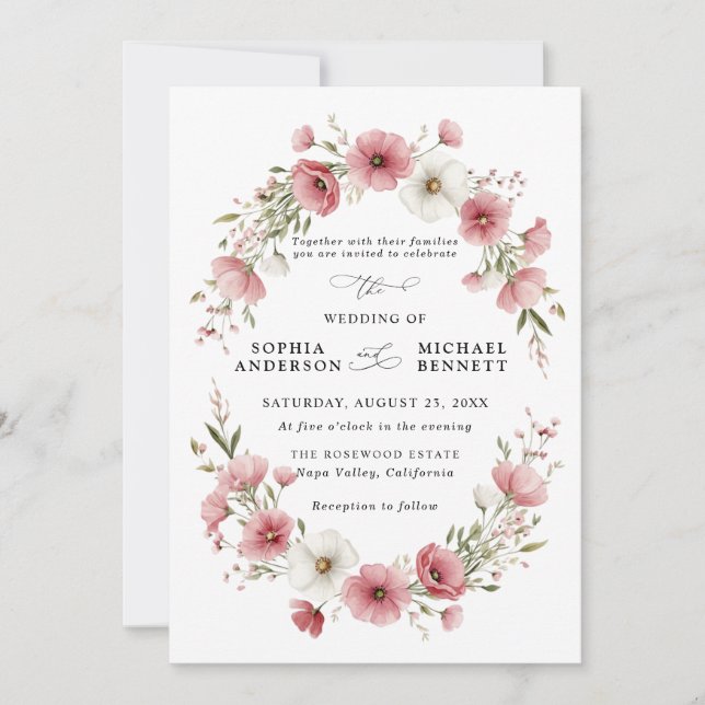 Invitación de boda con flores silvestres rosadas (Anverso)