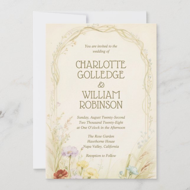 Invitación de boda con flores silvestres y arco de (Anverso)