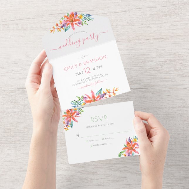 Invitación de boda con flores tropicales todo en u (desgarro)