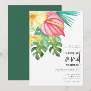 Invitación de boda con flores tropicales y verde