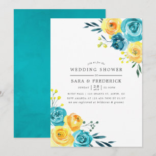 Invitación de boda con flores turquesa y amarillo