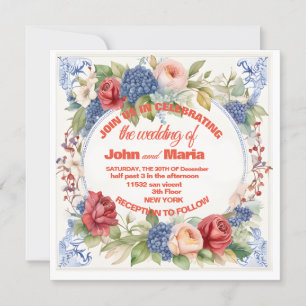 Invitación de boda con flores y fondo rosa