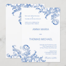 Invitación de boda con floritura de acuarela azul